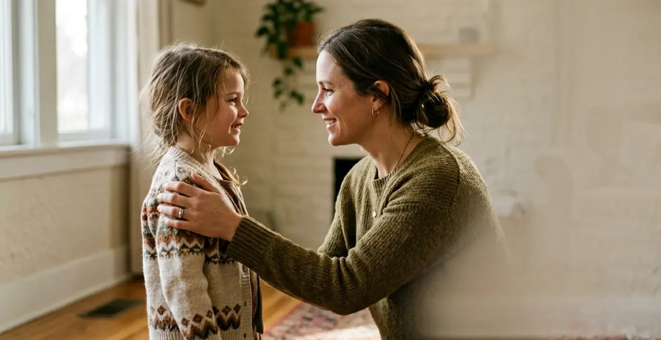 Parent and child connecting during emotional moment with calm presence and understanding