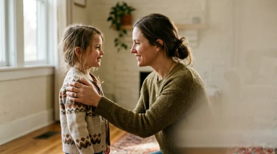 Parent and child connecting during emotional moment with calm presence and understanding