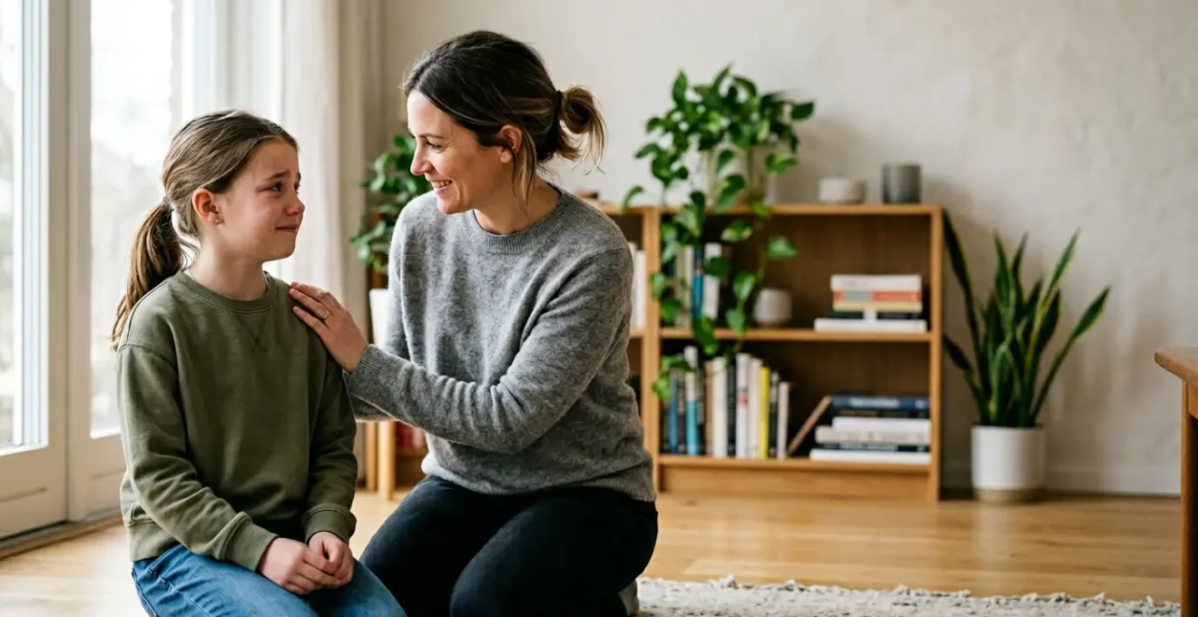 Parent offering calm reassurance to anxious child in peaceful home setting before exams