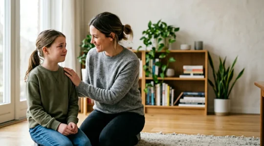 Parent offering calm reassurance to anxious child in peaceful home setting before exams