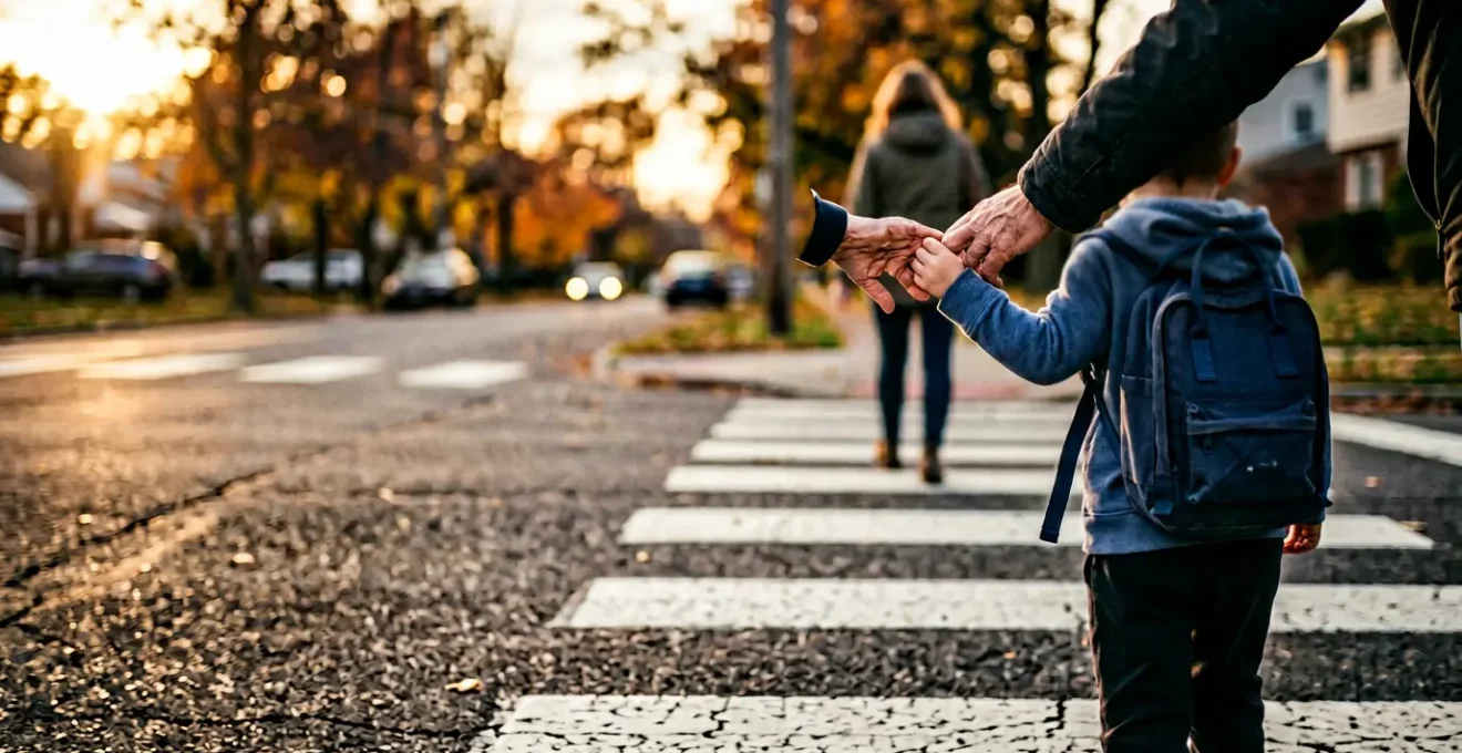 Parent and child holding hands at a pedestrian crossing, symbolizing the gradual journey toward independence