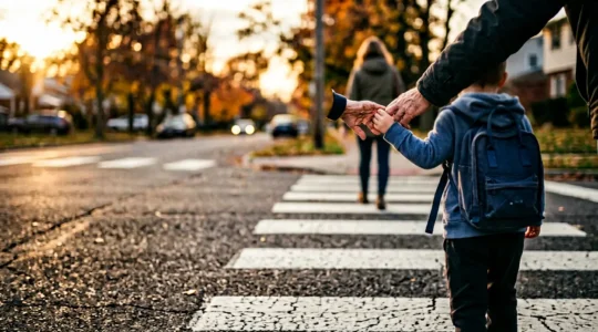 Parent and child holding hands at a pedestrian crossing, symbolizing the gradual journey toward independence