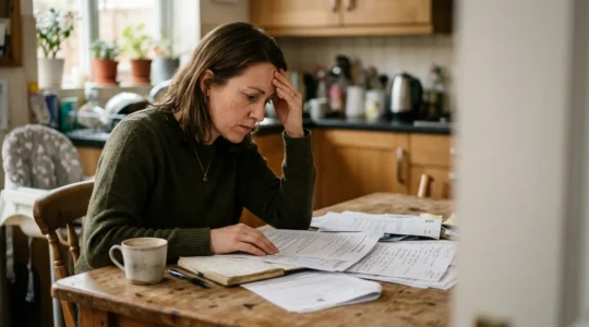 Parent reviewing school admissions documents with concerned expression