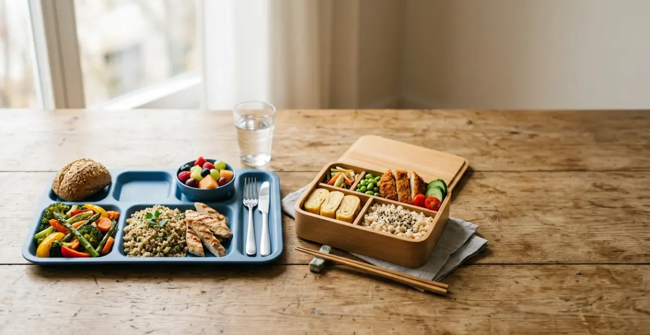 Wholesome school meal and homemade packed lunch side by side representing the nutritional debate for families on a budget