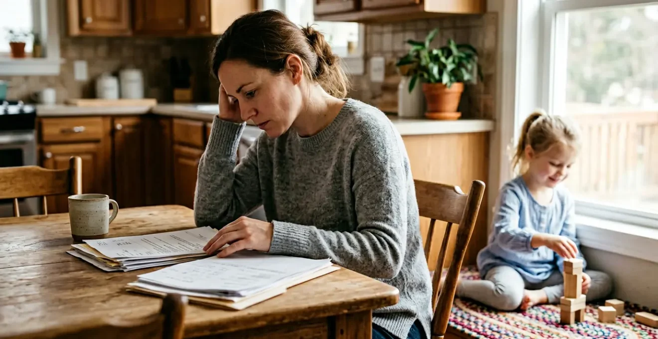 Parent reviewing health documentation while child plays nearby in warm home environment