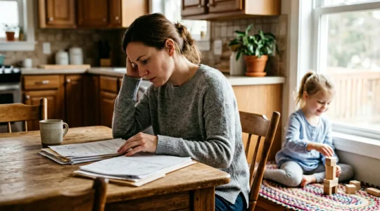 Parent reviewing health documentation while child plays nearby in warm home environment