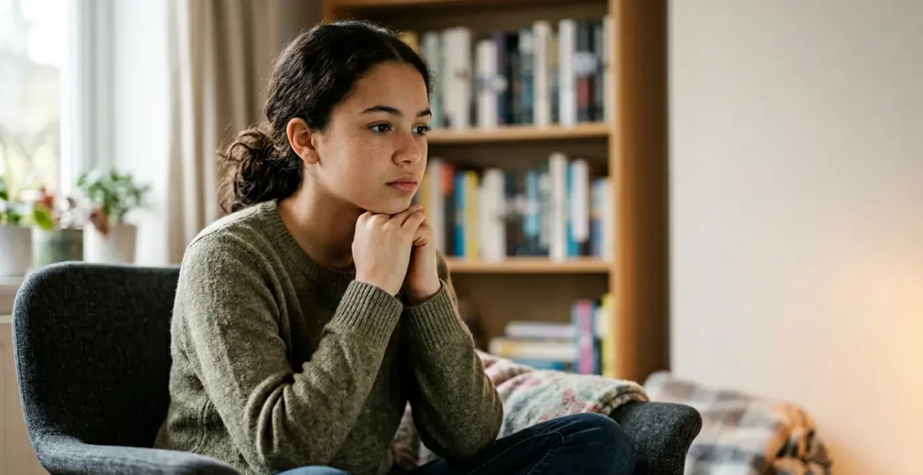 A thoughtful teenager in natural indoor lighting looking at a subtle glow from an off-screen device, representing the hidden digital dangers that affect intelligent, confident children