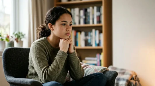 A thoughtful teenager in natural indoor lighting looking at a subtle glow from an off-screen device, representing the hidden digital dangers that affect intelligent, confident children