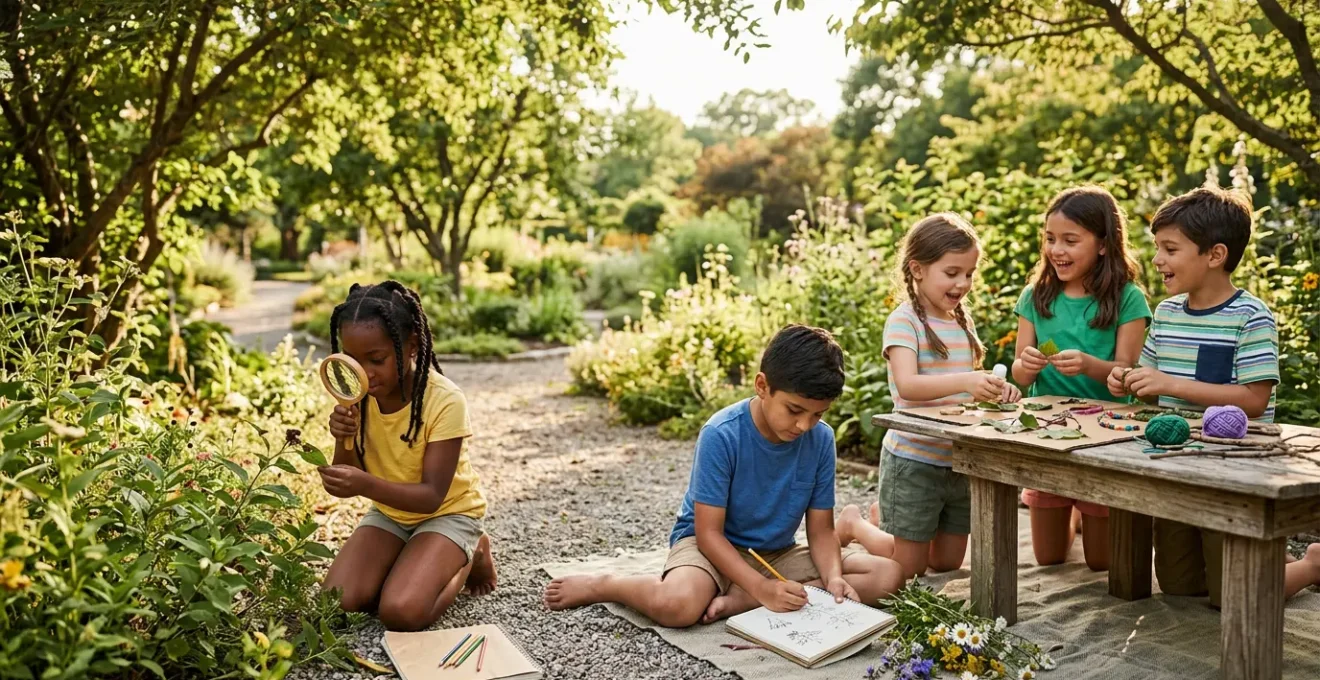 Children engaged in creative summer learning activities outdoors, showing joy and discovery
