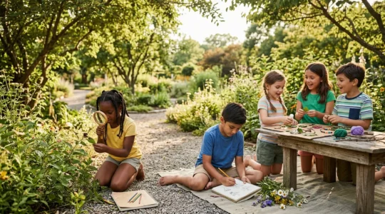 Children engaged in creative summer learning activities outdoors, showing joy and discovery