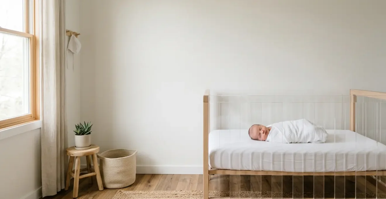 Peaceful newborn sleeping safely in clear crib during first three months of life