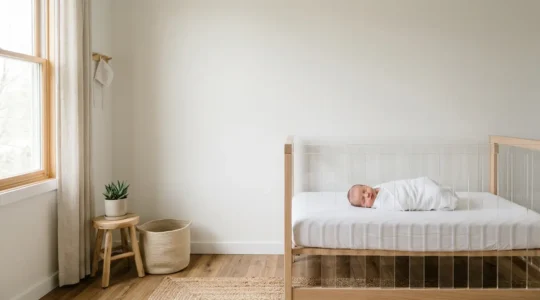 Peaceful newborn sleeping safely in clear crib during first three months of life