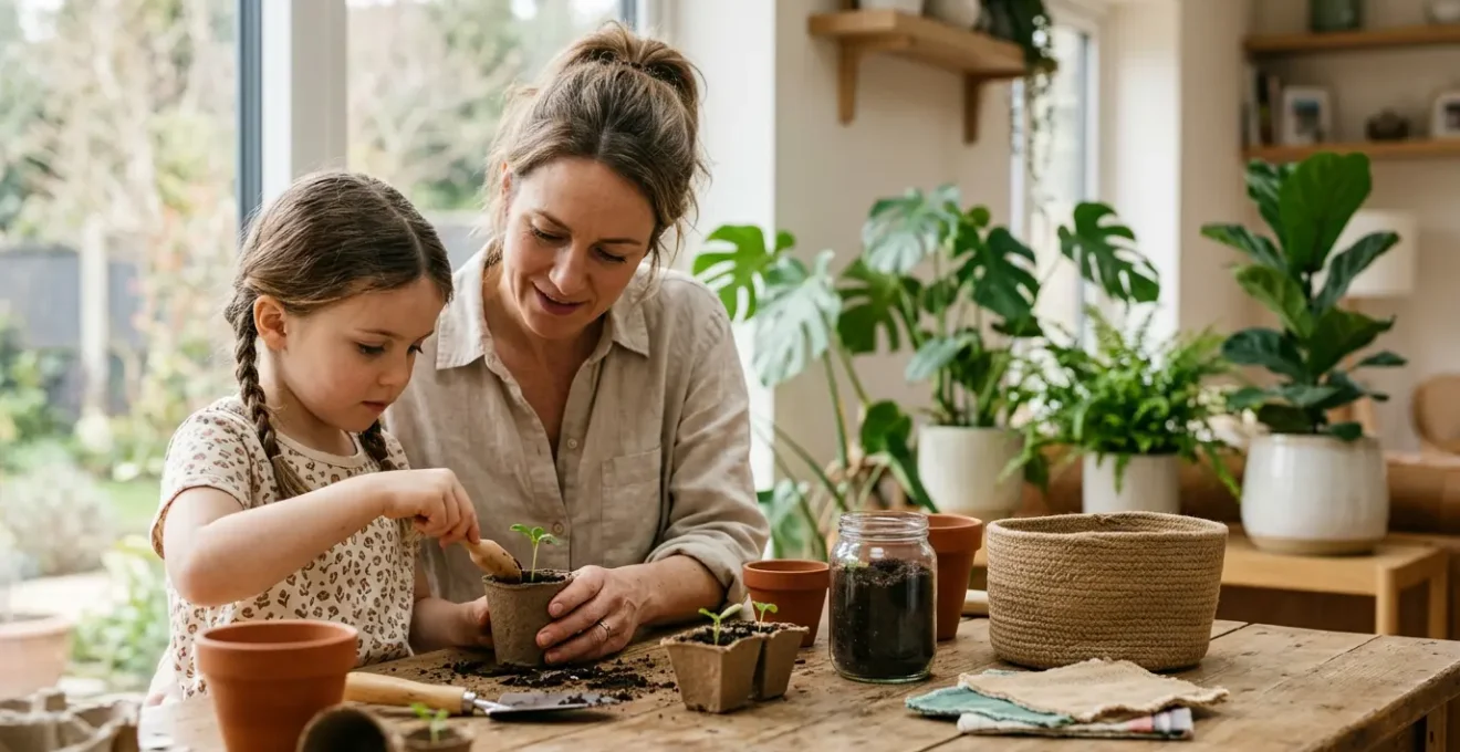 Family working together in home environment practicing sustainable living habits