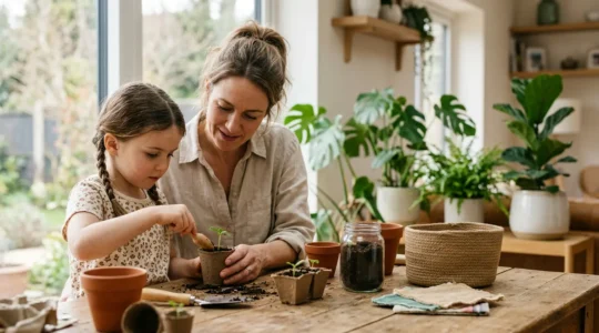 Family working together in home environment practicing sustainable living habits