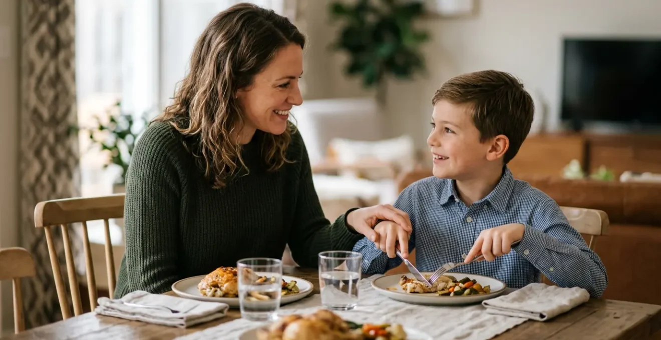 Parent and child practicing polite conversation at a dinner table in a warm home setting