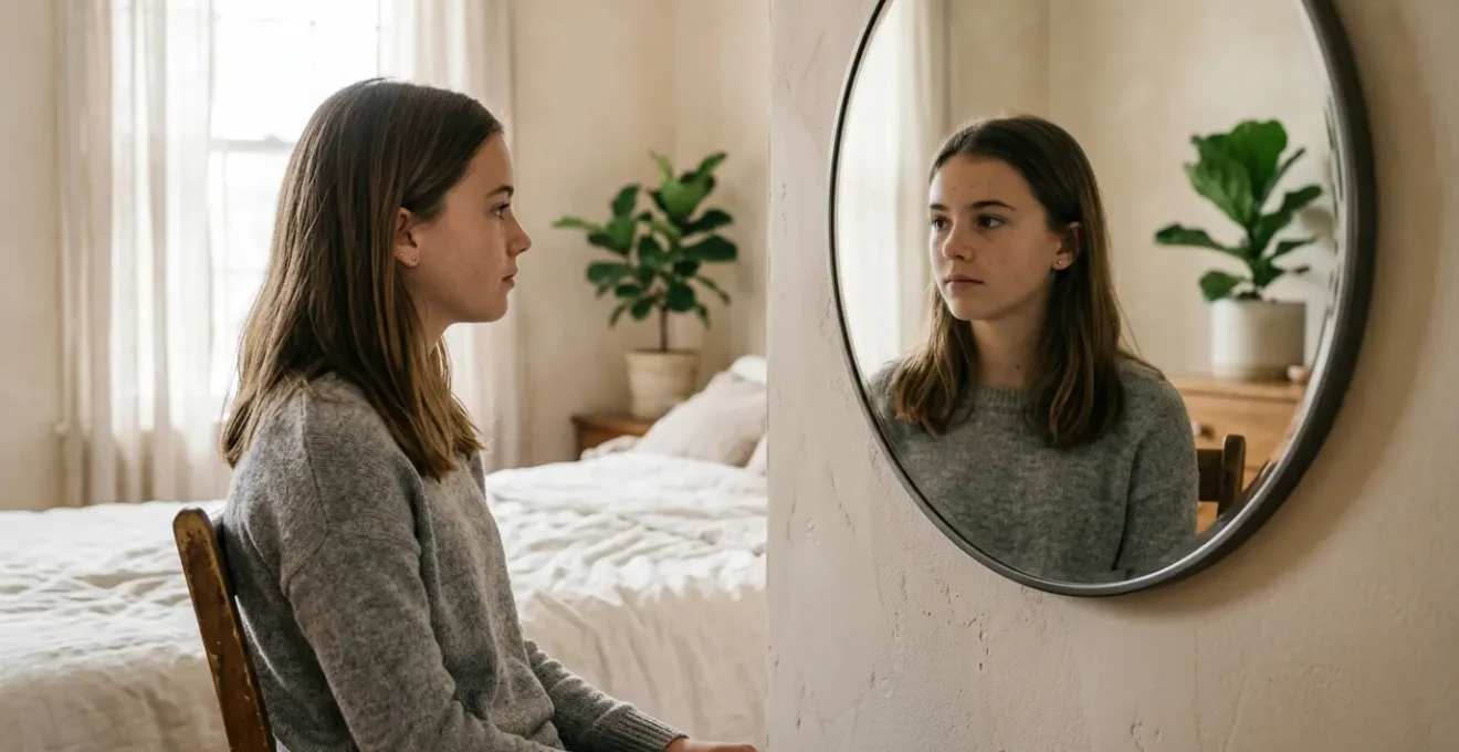 Thoughtful teenage girl looking at her authentic reflection in natural light, representing self-acceptance and reality versus social media filters