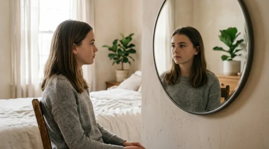 Thoughtful teenage girl looking at her authentic reflection in natural light, representing self-acceptance and reality versus social media filters