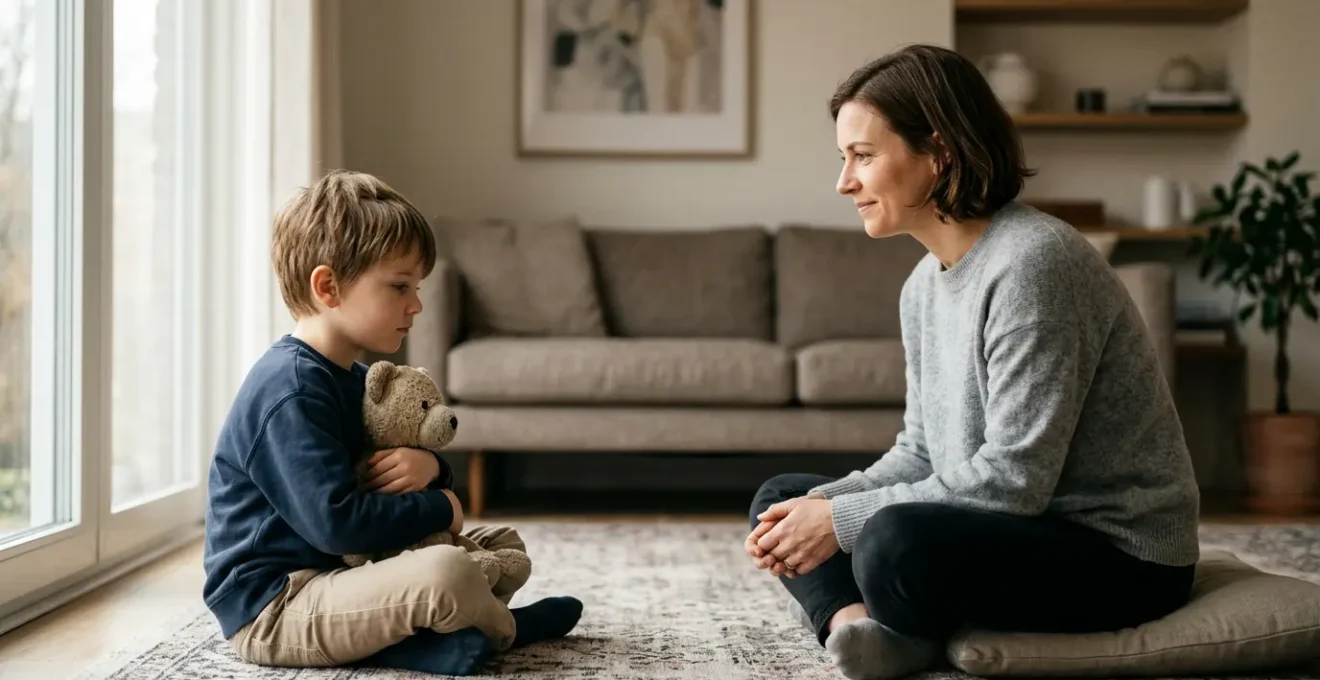 Gentle parent-child connection moment showing emotional healing