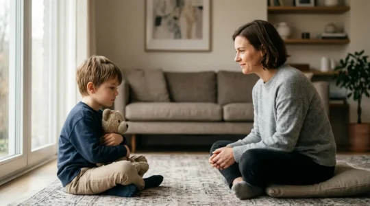 Gentle parent-child connection moment showing emotional healing