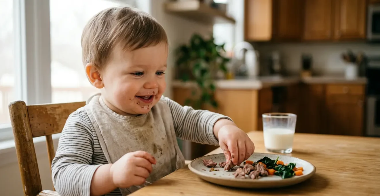 Young toddler with healthy meal rich in iron sources alongside glass of milk on table