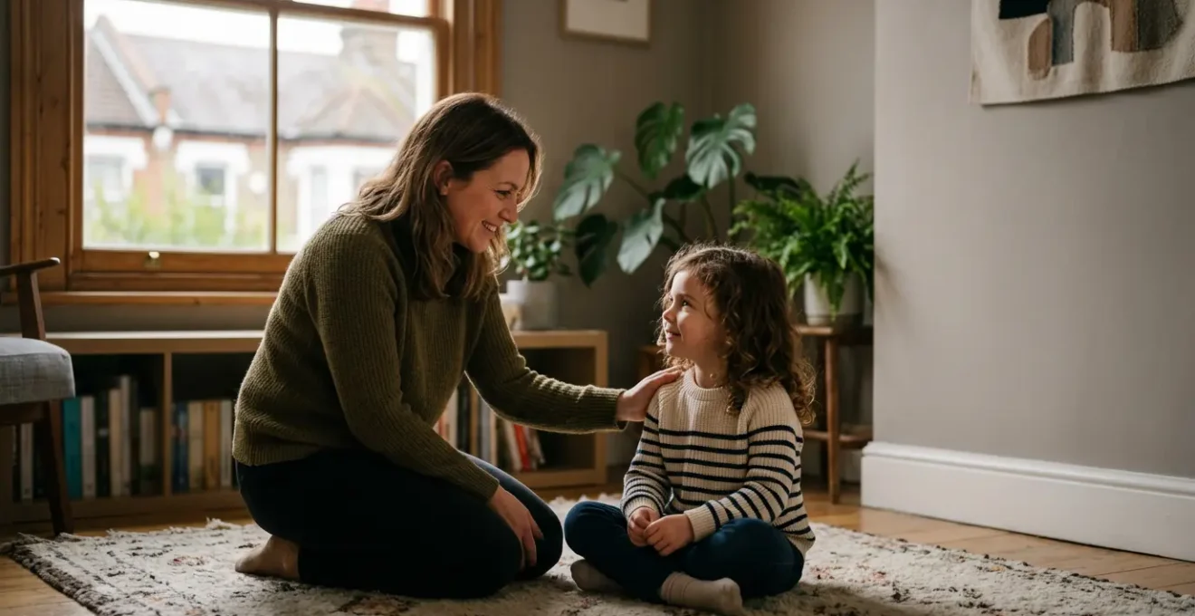 Warm family moment showing parent and child in respectful conversation demonstrating positive discipline