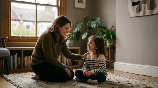 Warm family moment showing parent and child in respectful conversation demonstrating positive discipline