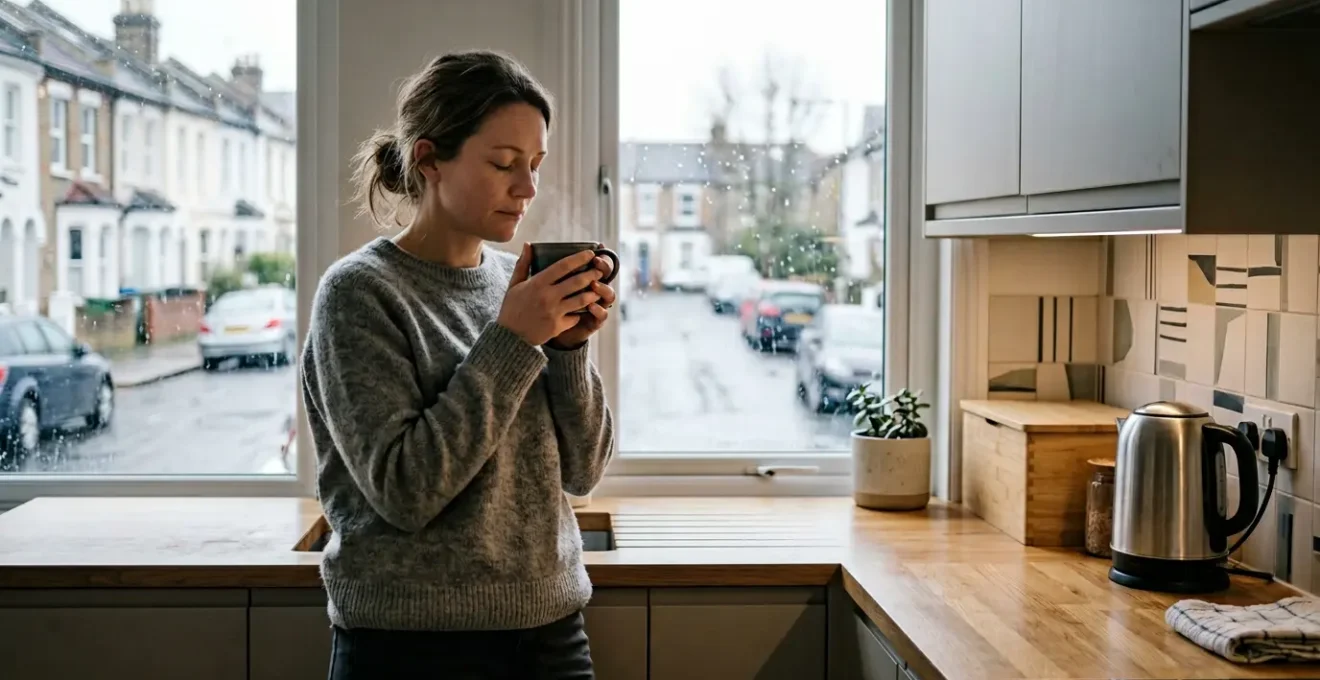 A weary parent standing in morning light holding a warm mug, finding a quiet moment of peace before the day begins