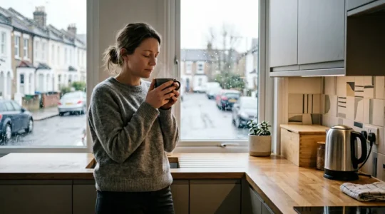 A weary parent standing in morning light holding a warm mug, finding a quiet moment of peace before the day begins
