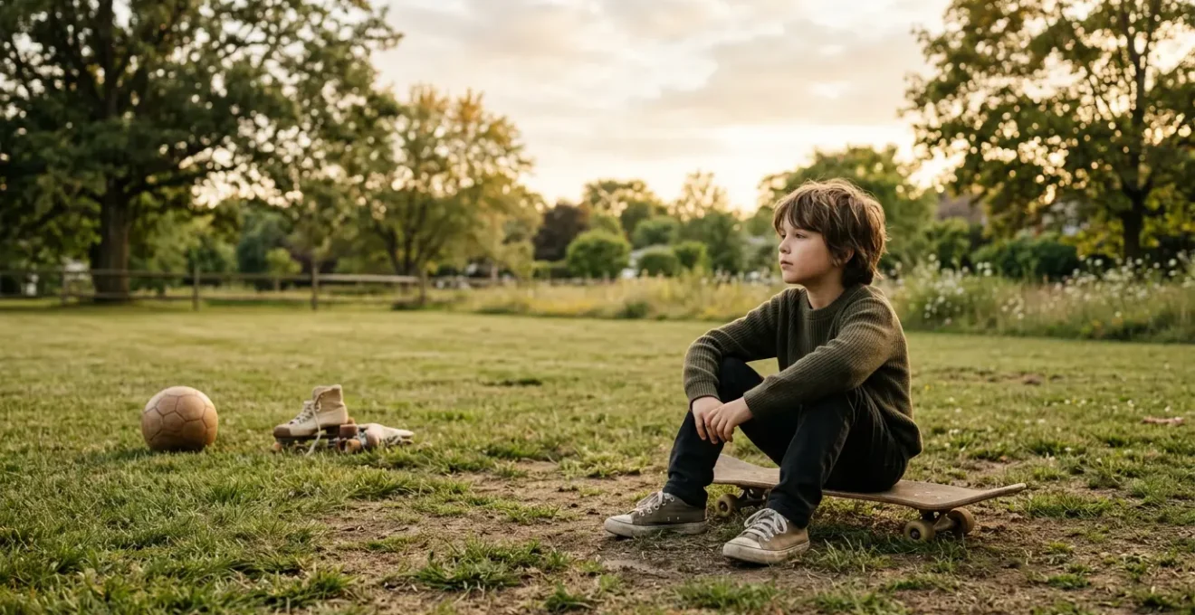 A contemplative child sitting on skateboard exploring movement in a peaceful outdoor environment