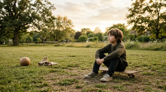 A contemplative child sitting on skateboard exploring movement in a peaceful outdoor environment