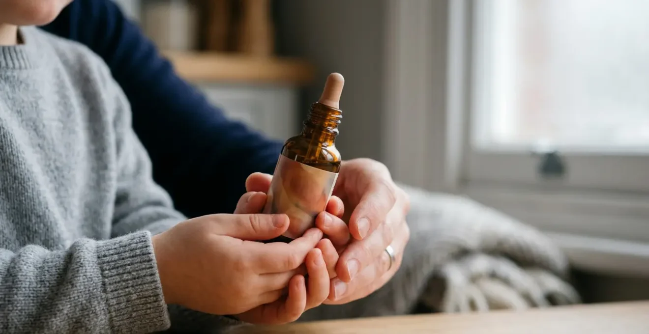 A child's hands holding a vitamin D liquid supplement bottle against soft natural window light during winter months