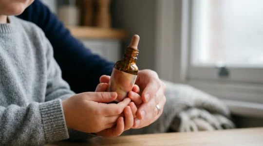 A child's hands holding a vitamin D liquid supplement bottle against soft natural window light during winter months