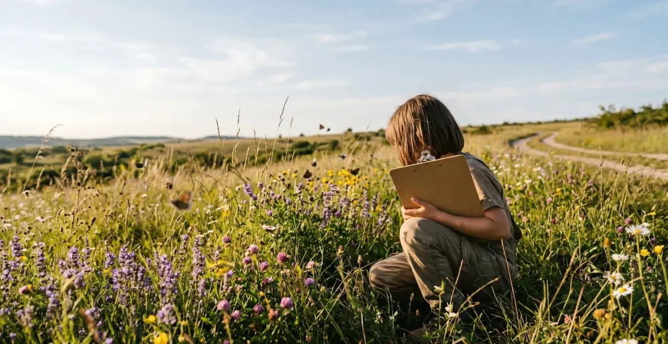 Child carefully observing and documenting butterflies in a natural outdoor setting