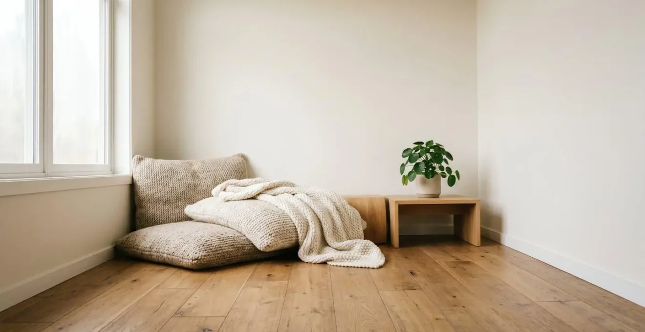 Peaceful corner space with soft textures and natural light designed for emotional regulation