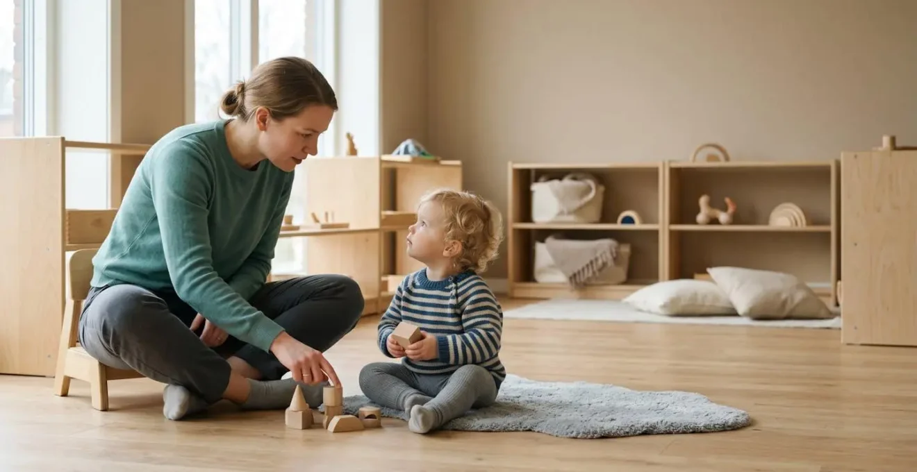 A caregiver and young child engaged in gentle, attentive interaction within a calm early learning environment