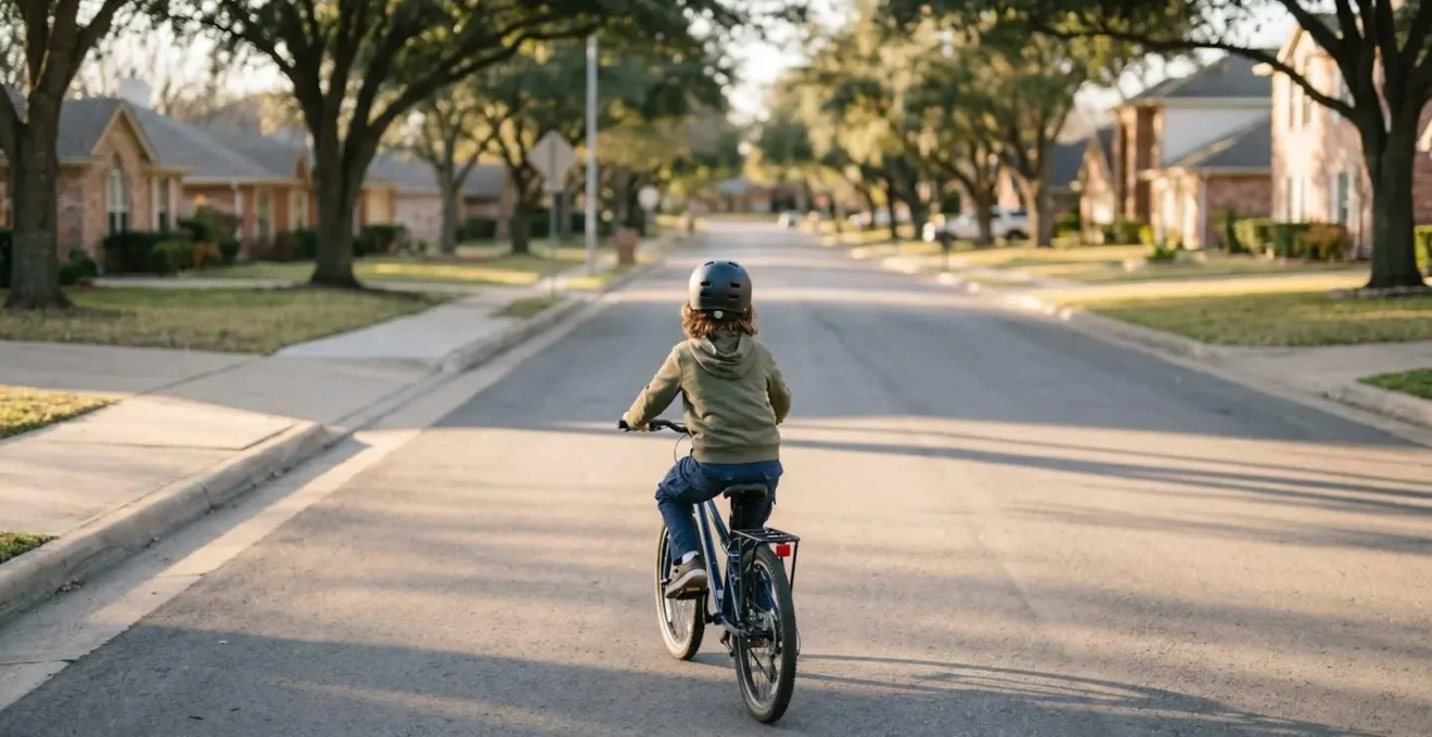Child cycling independently on quiet neighborhood street demonstrating age-appropriate roaming and environmental literacy