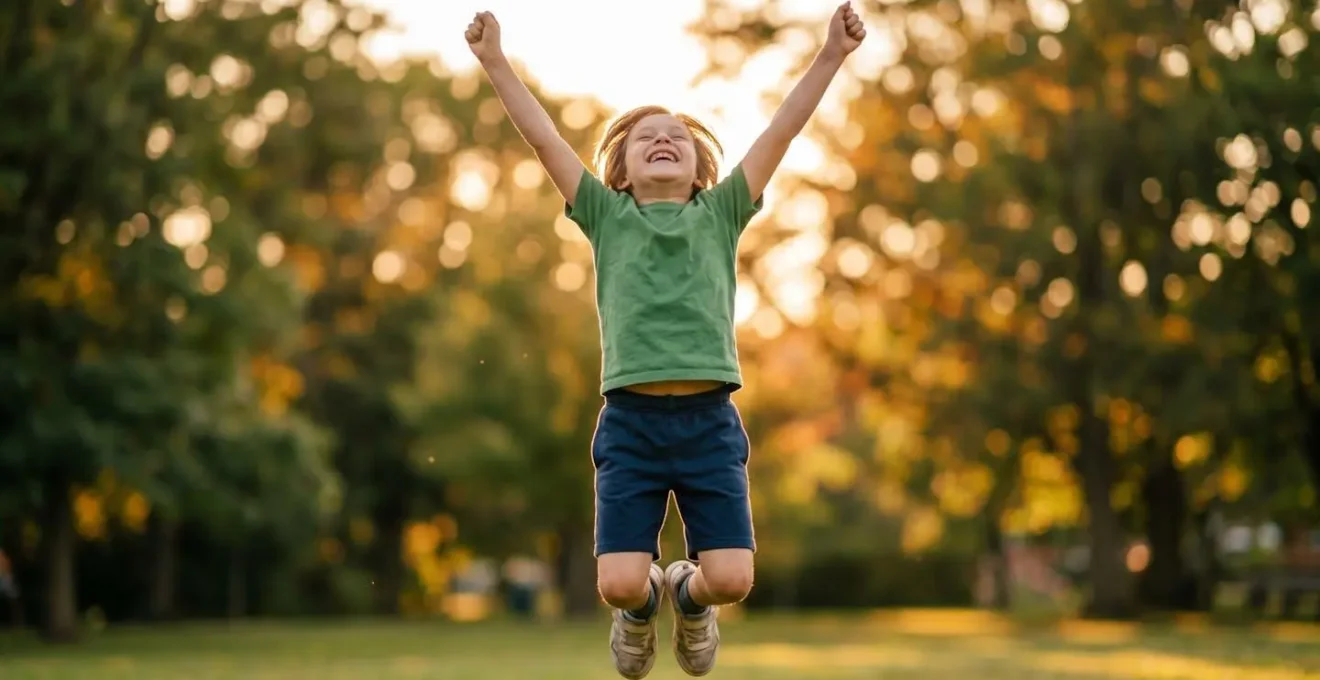 Young child jumping joyfully outdoors in natural sunlight, expressing freedom and positive body awareness
