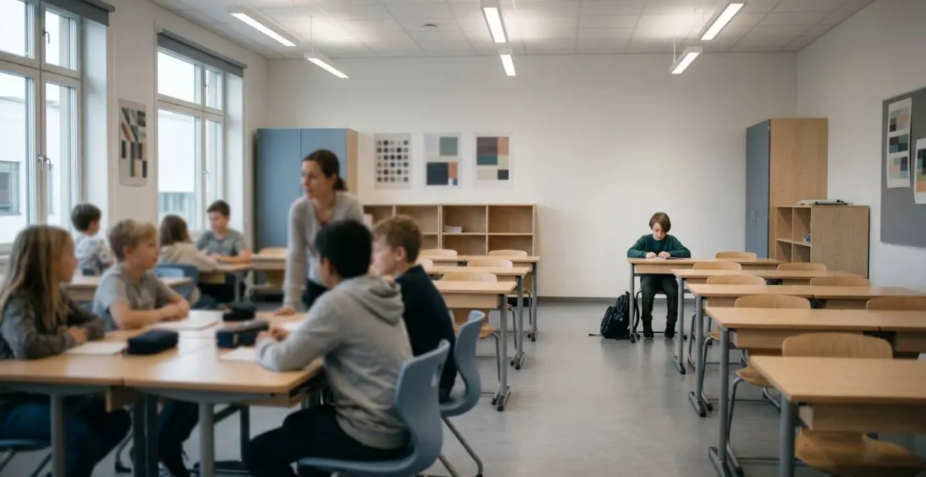 Wide shot of classroom with isolated child in back row appearing withdrawn and disconnected from lesson