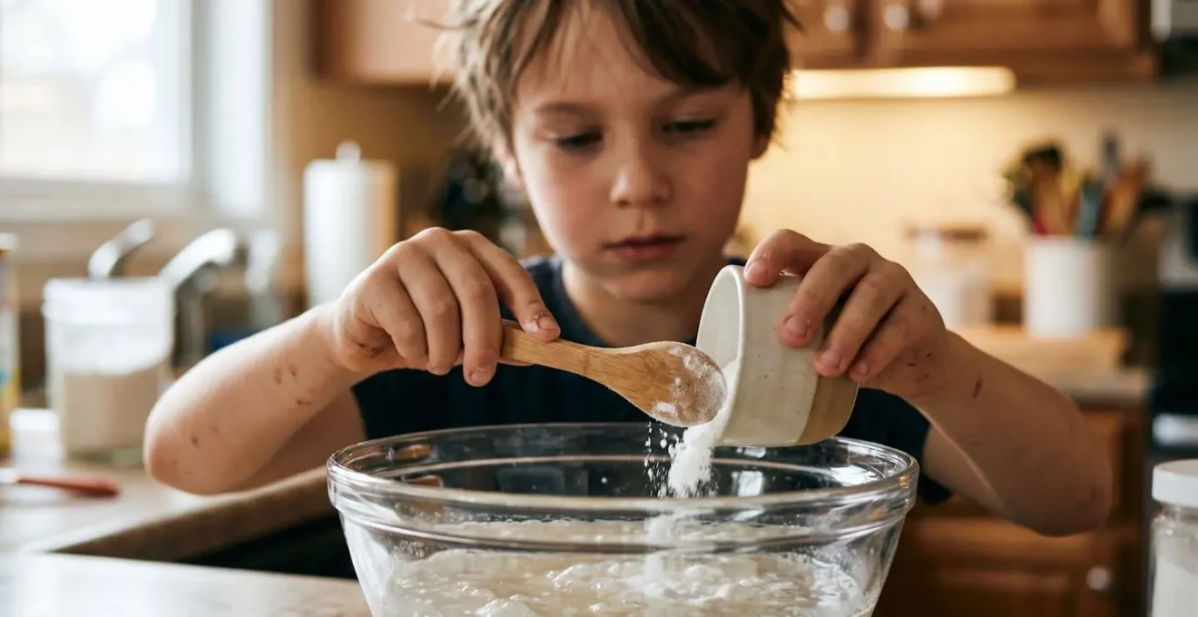 Child's hands carefully mixing ingredients during a kitchen science activity