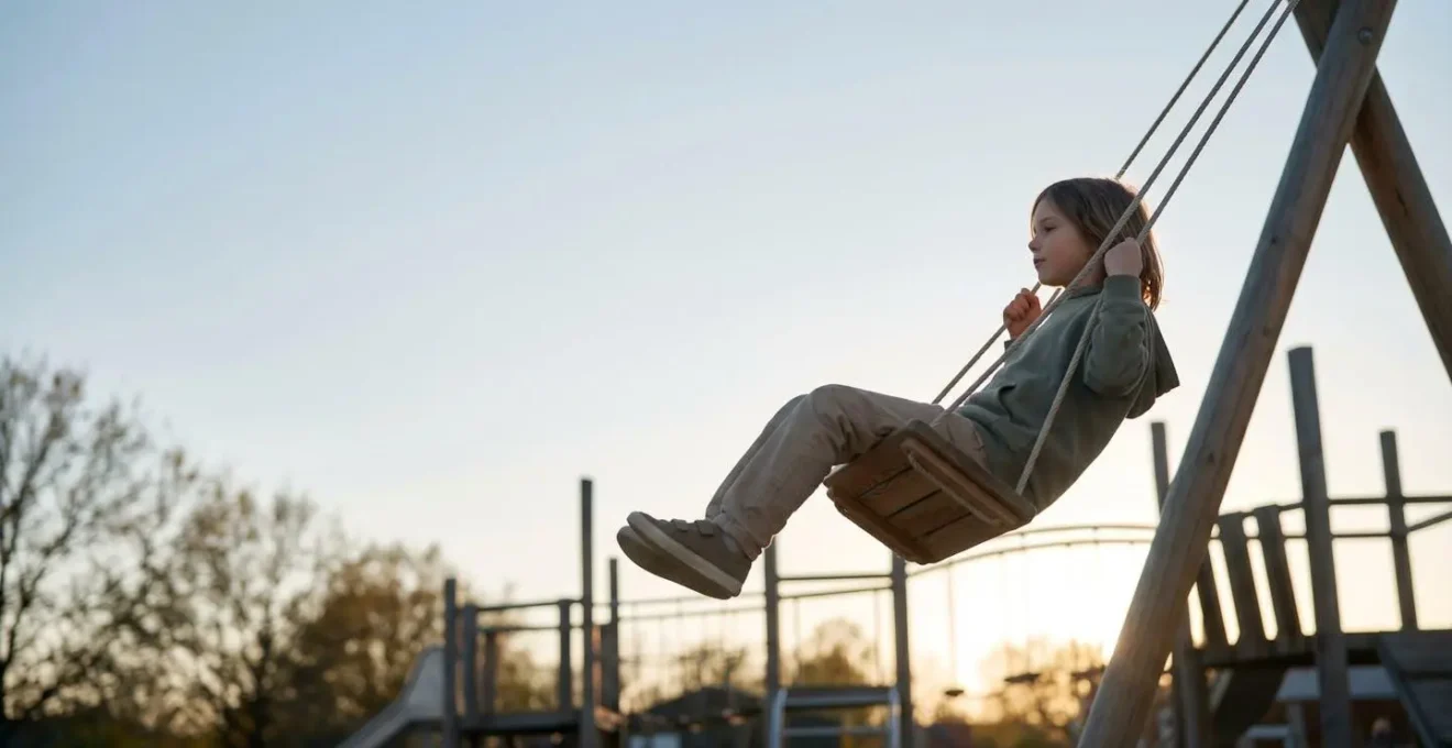Child safely self-regulating on a gentle swing with focused expression showing vestibular input control