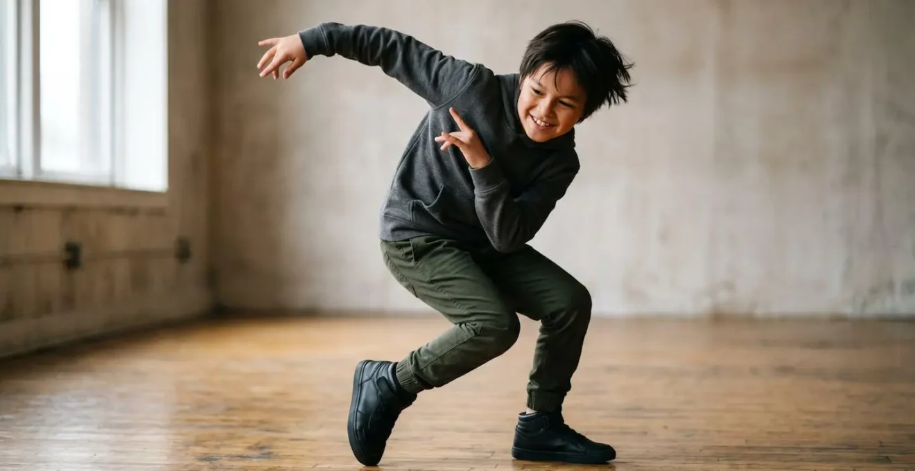 Young dancer mid-movement showing creative expression and physical confidence during street dance