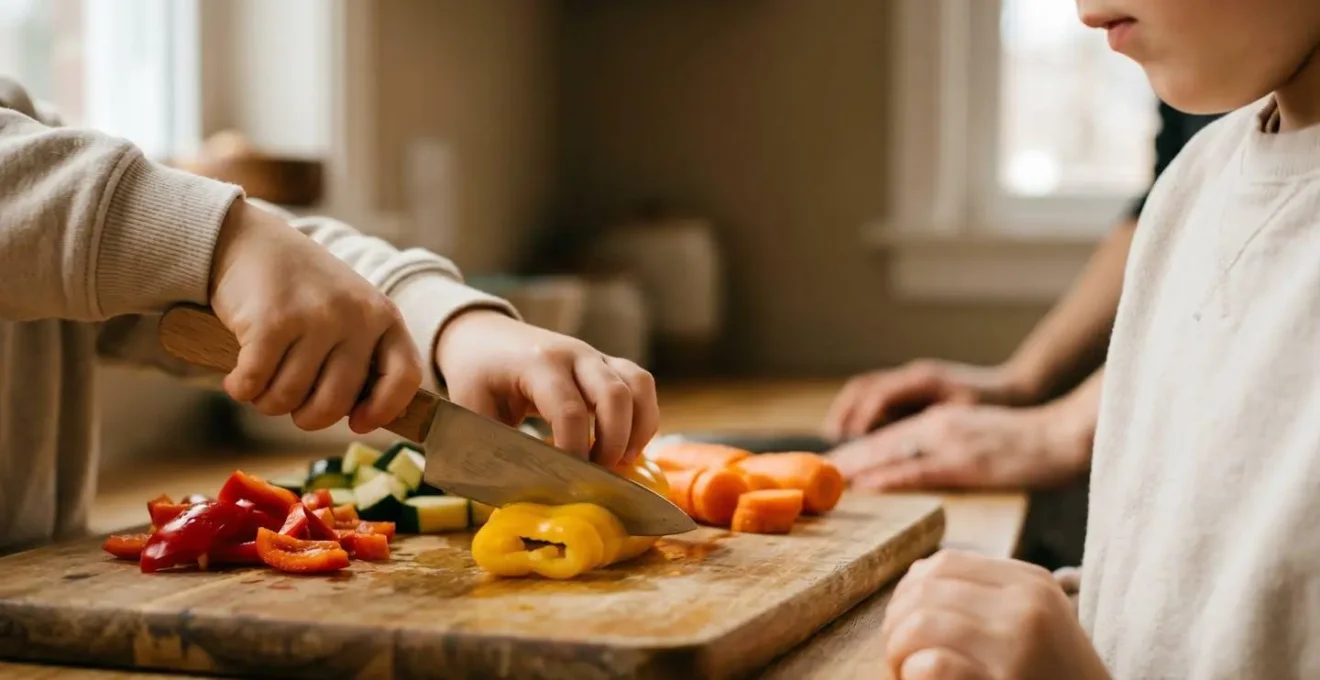 Close-up of young hands using proper bear claw grip technique while learning safe knife skills in kitchen