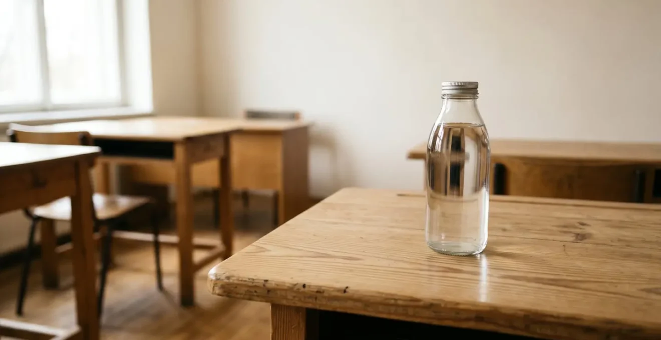 Environmental minimalist photograph depicting the importance of hydration in educational settings for optimal cognitive function