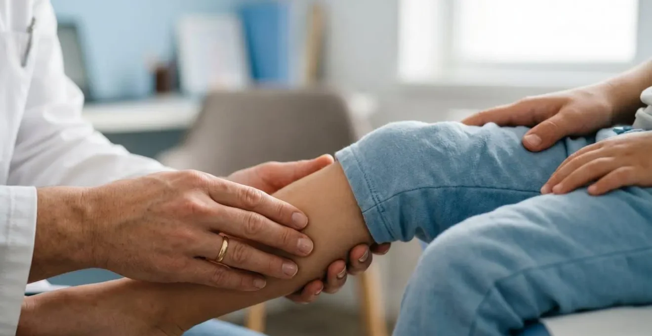 Close-up of a pediatrician's hands gently examining a child's leg in a medical consultation room with soft natural lighting
