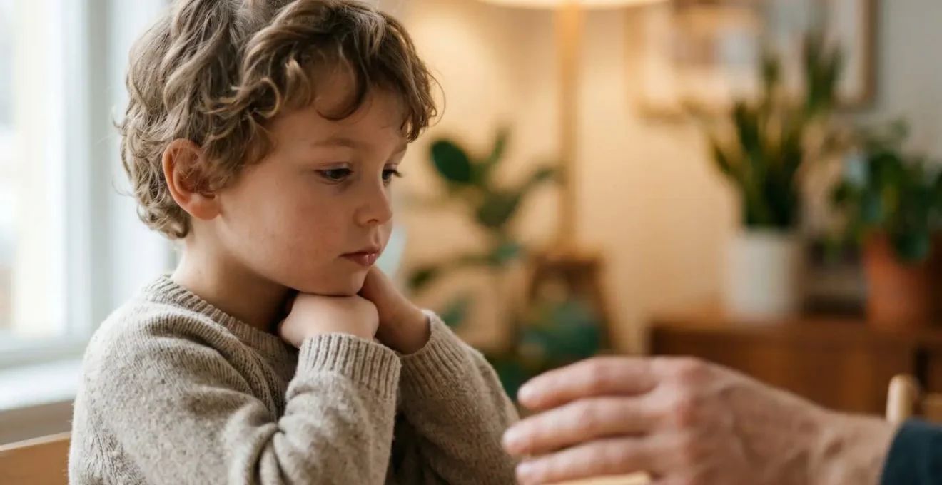 Young child looking away while listening intently during conversation, demonstrating cognitive processing strategy