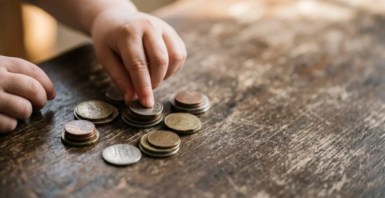 Child's hands carefully sorting and organizing coins on a wooden surface, representing financial literacy through tactile learning