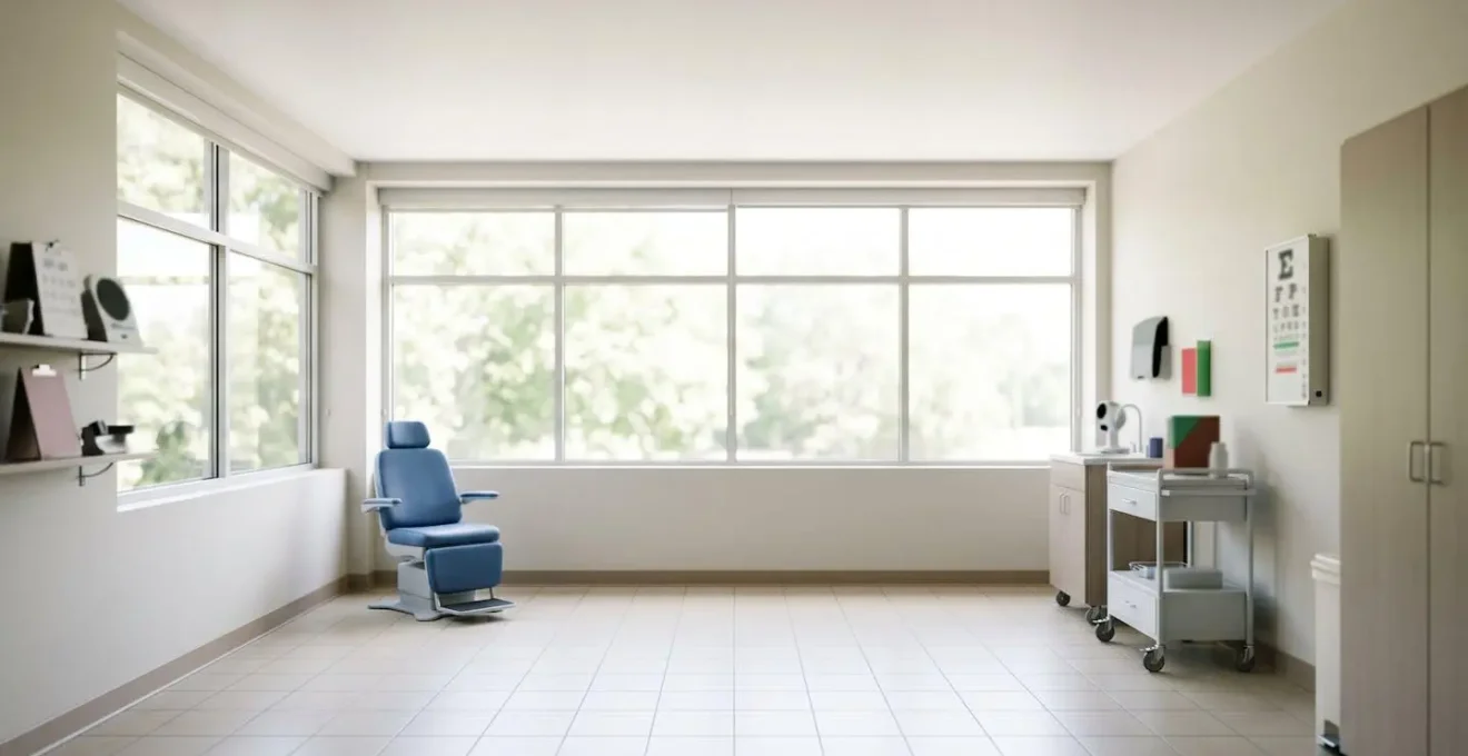 Environmental wide shot of elementary school vision screening room with natural light and medical equipment silhouettes