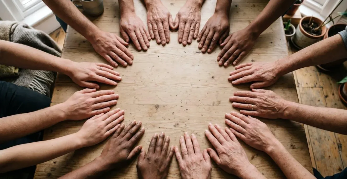 Hands of different people forming a supportive circle, photographed from above with warm natural lighting