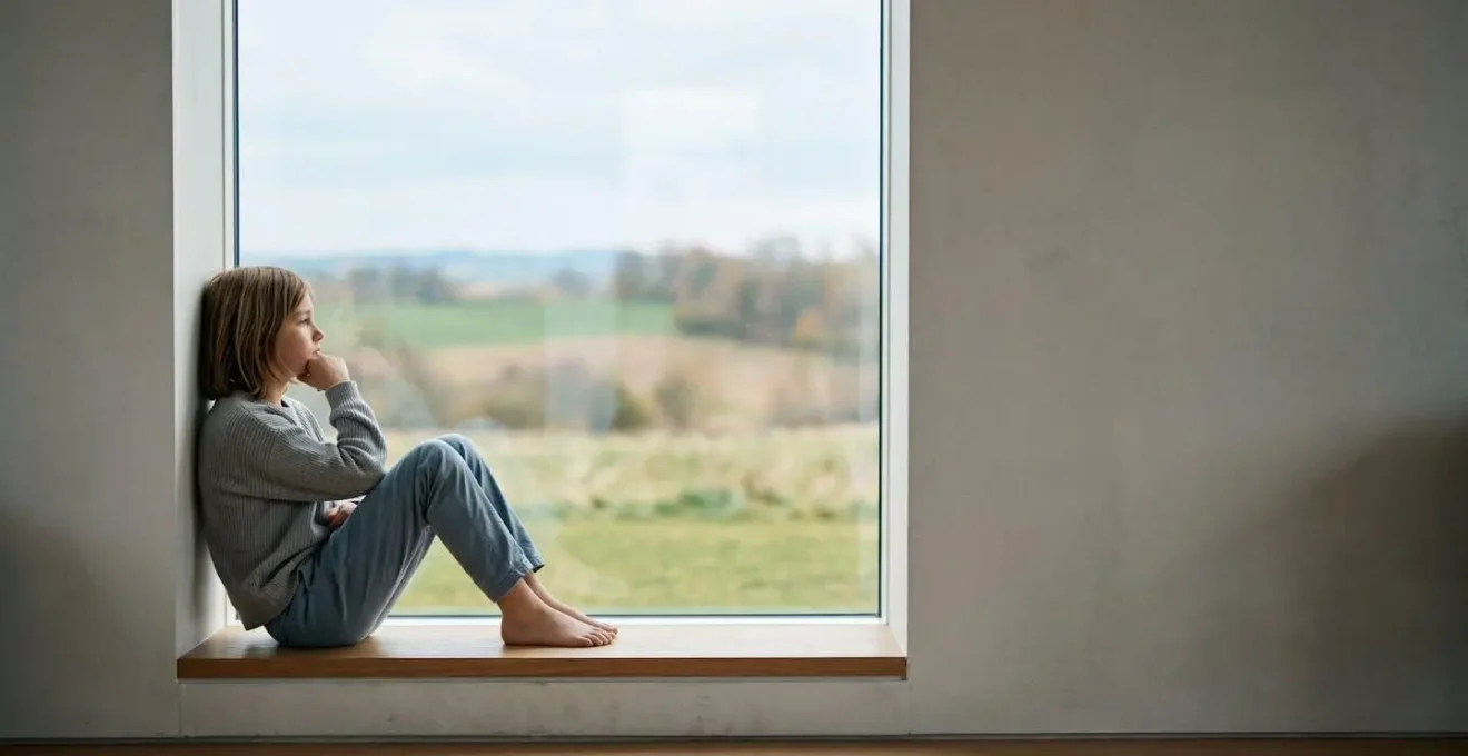 A child experiencing constructive boredom during a phone-free moment, gazing thoughtfully out a window