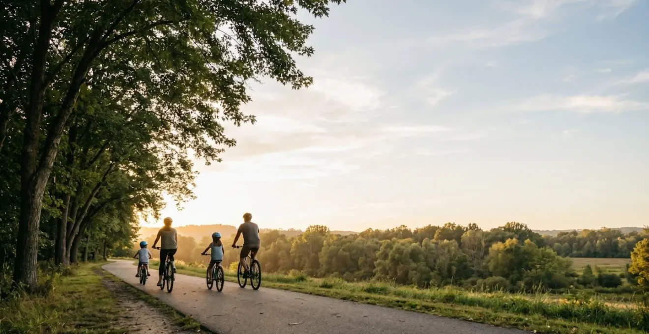Family engaging in joyful outdoor movement activity together in natural environment